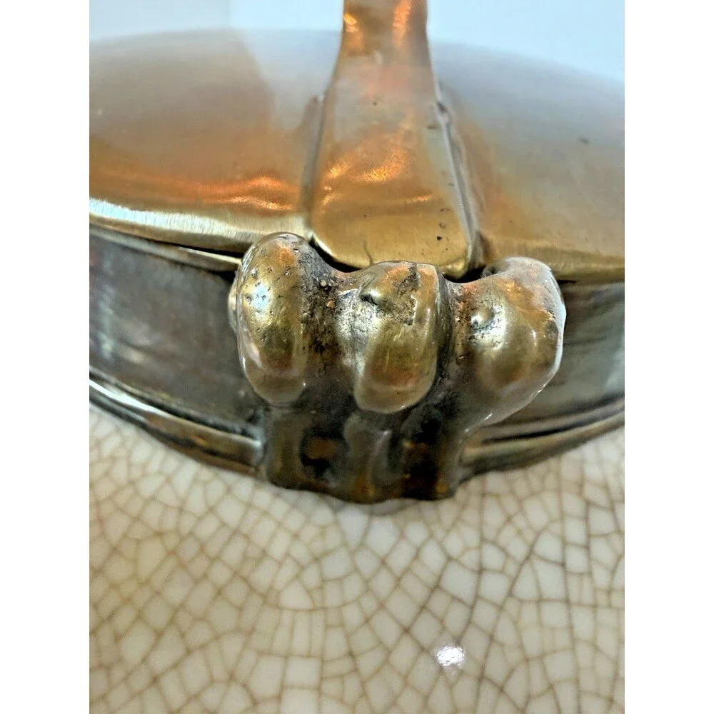 Vintage 1980s Tozai Faux Shagreen Crackle Porcelain & Bronze Ginger Jar Urn
